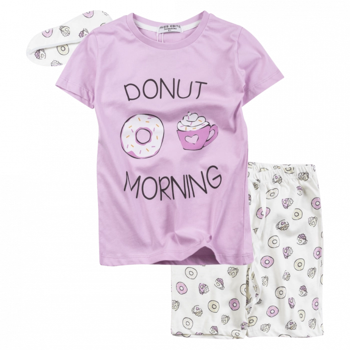 Παιδική πιτζάμα Εβίτα για κορίτσια Donut ροζ κοριτσίστικες πιτζάμες καλοκαρινές μακό βαμβακερές ελληνικές