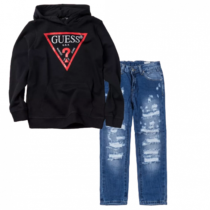 Παιδική μπλούζα GUESS για αγόρια Jet Black μαύρη κάζουαλ καθημερινή επώνυμη ετών online1 | Παιδικό παντελόνι Online για αγόρια Vogue μπλε καθημερινό άνετο κάζουαλ σκισμένο βόλτα ετών online (1) 