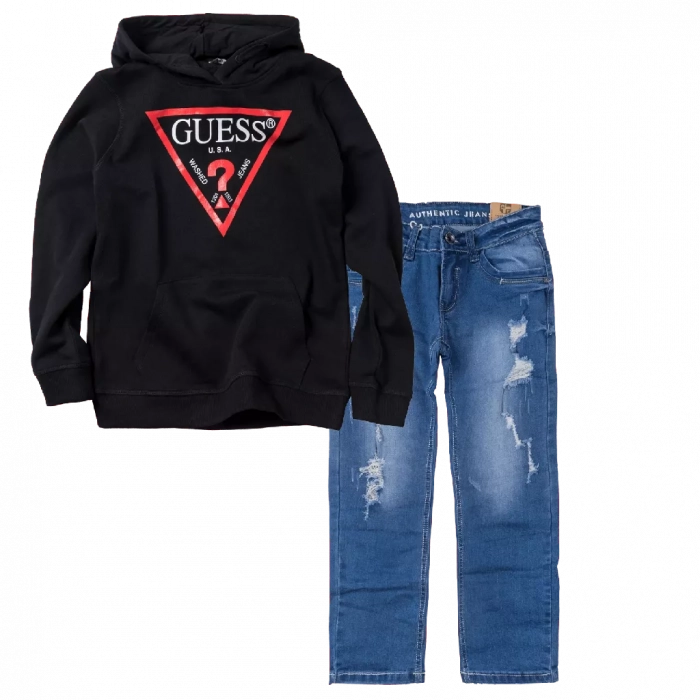 Παιδική μπλούζα GUESS για αγόρια Jet Black μαύρη κάζουαλ καθημερινή επώνυμη ετών online1 | Παιδικό παντελόνι Online για αγόρια Authentic μπλε καθημερινό άνετο βόλτα  σκισμένο τζιν ετών online (1) 