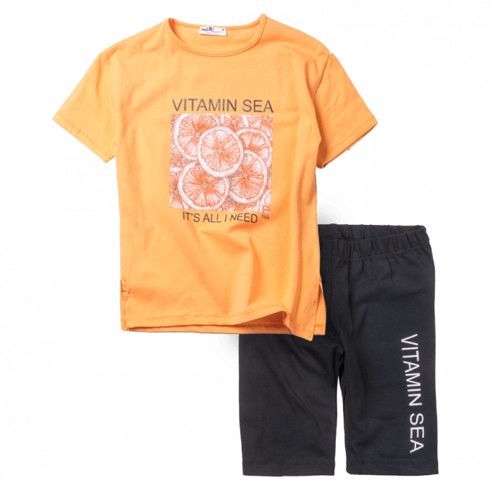Παιδικό σετ ΝΕΚ για κορίτσια vitame sea πορτοκαλί καλοκαιρινά σετάκια μακό με βερμούδα t-shirt ελληνικά μοντέρνα ετών (1)