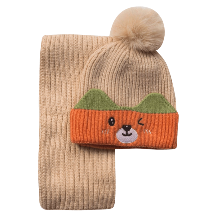 Παιδικό σετ σκούφος & κασκόλ cute bear πορτοκαλί χειμώνας αγόρι οικονομικό ζεστό online (4)