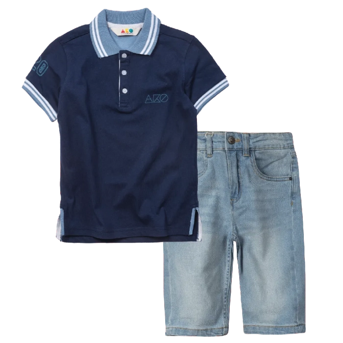 Παιδική μπλούζα πόλο AKO για αγόρια summer mood μπλε κοντομάνικες μπλούζες καλοκαιρινές μοντέρνες tshirt ελληνικά ετών | Παιδική βερμούδα τζιν AKO για αγόρια ultrasimple μπλε ακλοκαιρινές αγορίστικες jean βερμούδες ελληνικές υφασμάτινες 